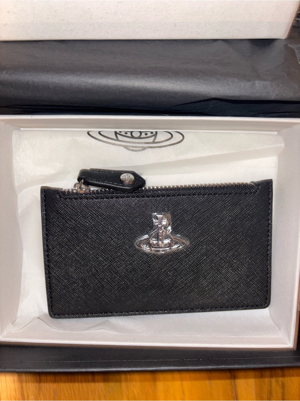 Vivienne Westwood Black Textured Zip Card Holder with Silver Orb